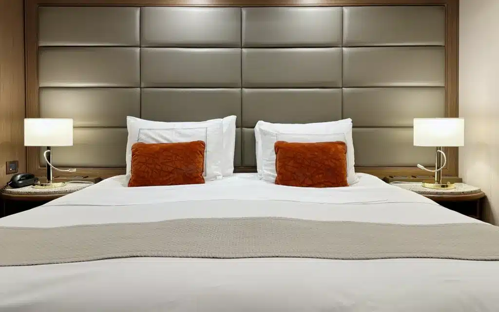 The king size bed in a Silver Suite on Silver Spirit.