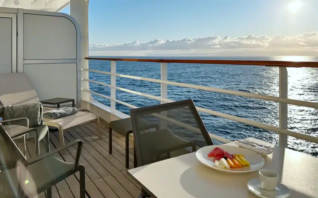 The teak veranda of a Silver Suite on board Silver Spirit.