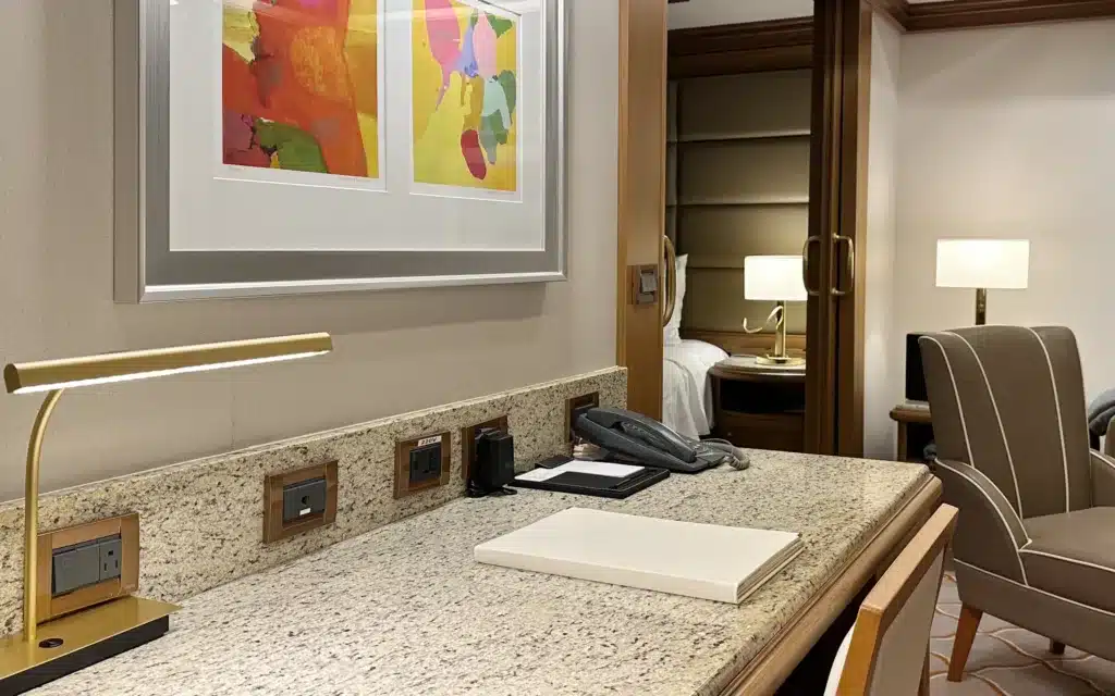 The writing desk in a Silver Suite on board Silver Spirit.