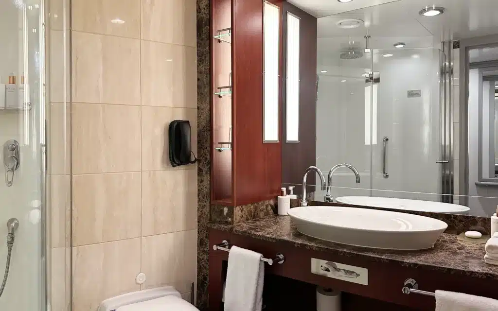 The bathroom in a Veranda Suite on board Silver Spirit.