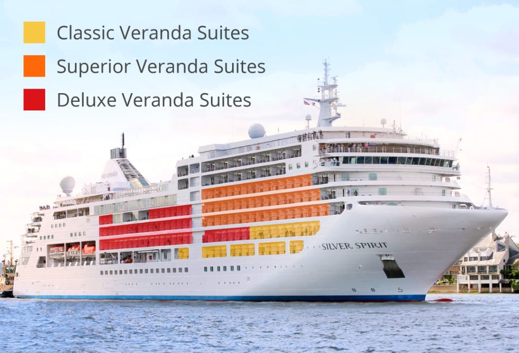 Positions of the Veranda Suites onboard Silver Spirit.