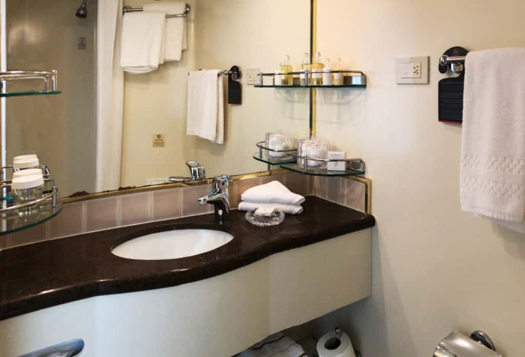 The bathroom in a Queen Elizabeth Balcony cabin.