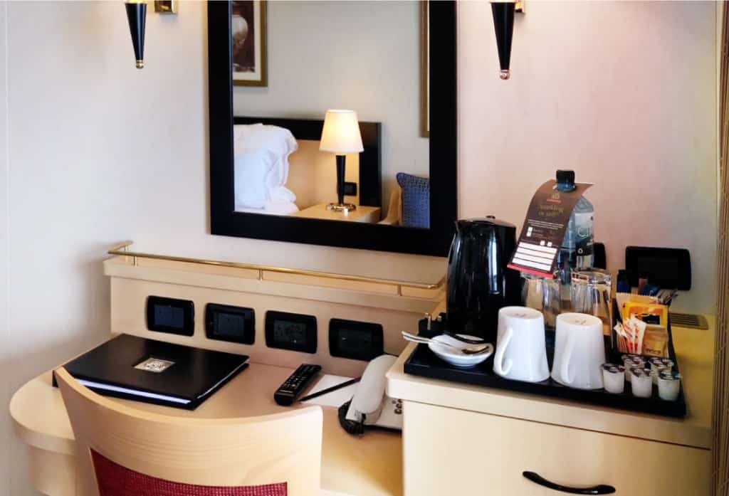 The writing desk in a Queen Elizabeth Balcony cabin.