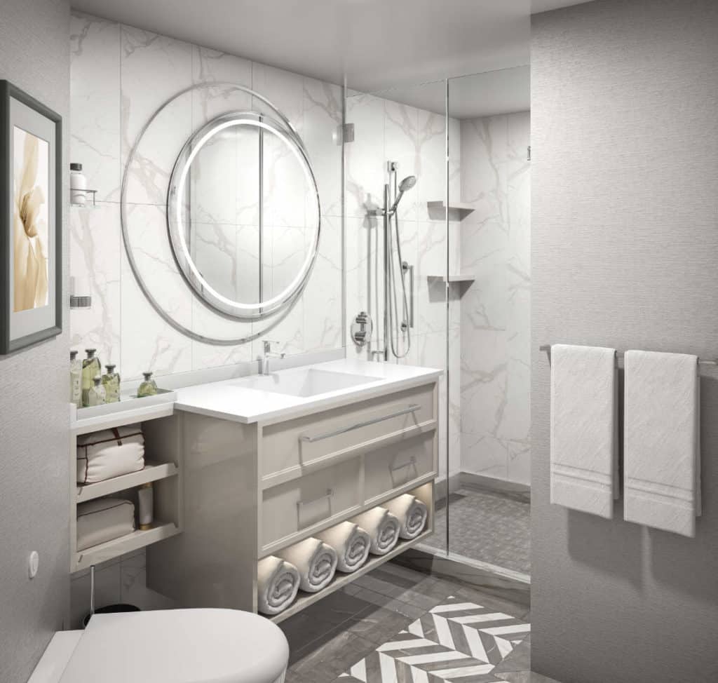 Bathrooms in the Oceania Vista Veranda Staterooms get a chic new look.