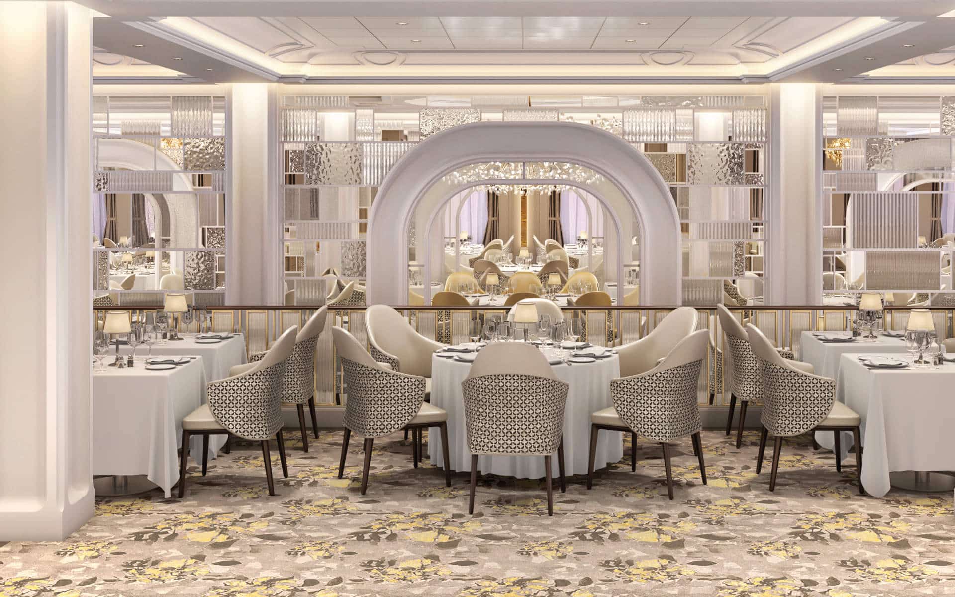 The Grand Dining Room will be re-imagined on Oceania Vista (rendering).