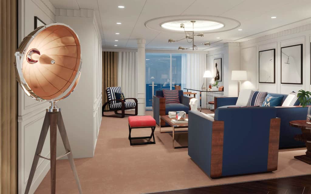 Rendering of the nautically themed living room in Oceania's Vista Owner's Suite..