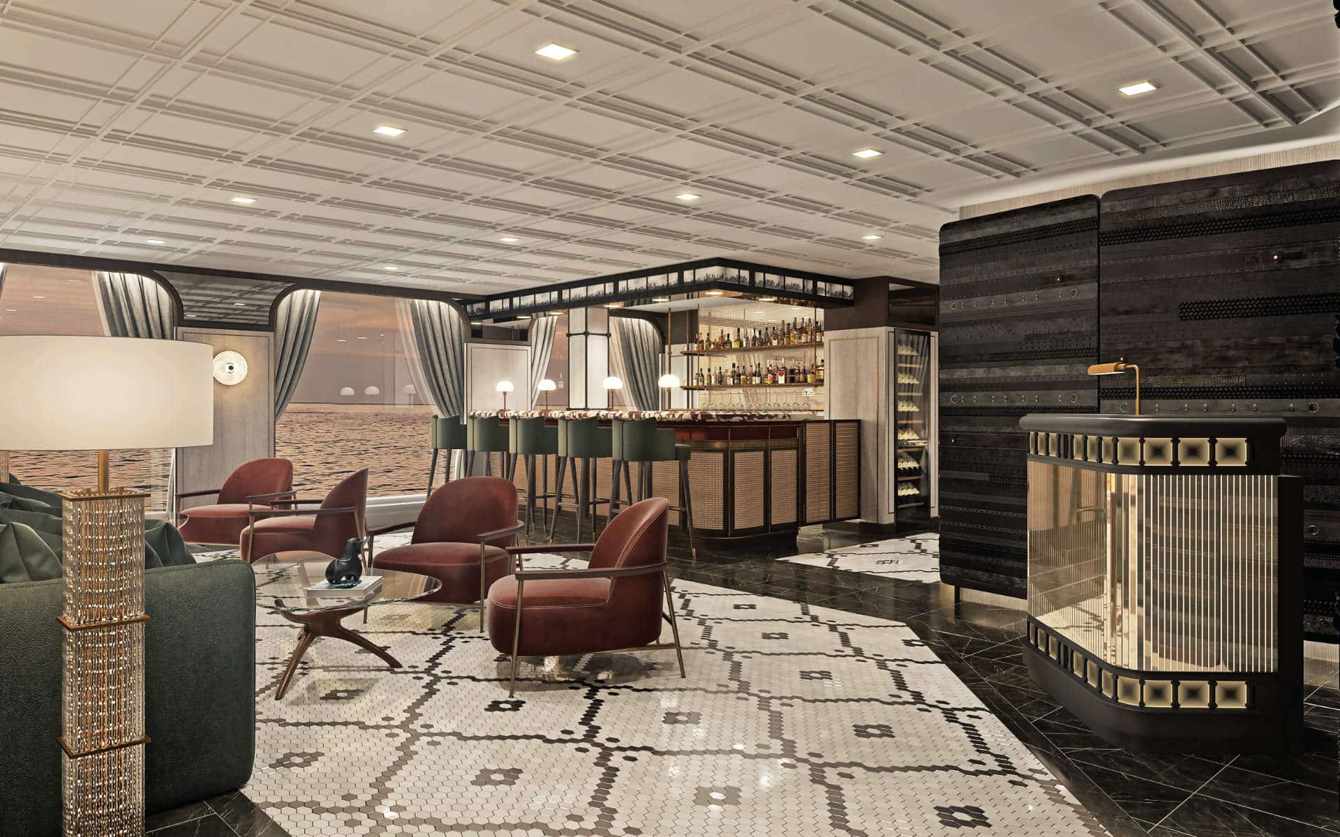 The bar area in Prime 7 on Seven Seas Grandeur (rendering).