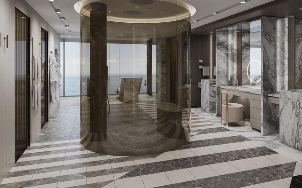 A “jewel-box” shower in the Regent Suite on Seven Seas Grandeur (rendering).