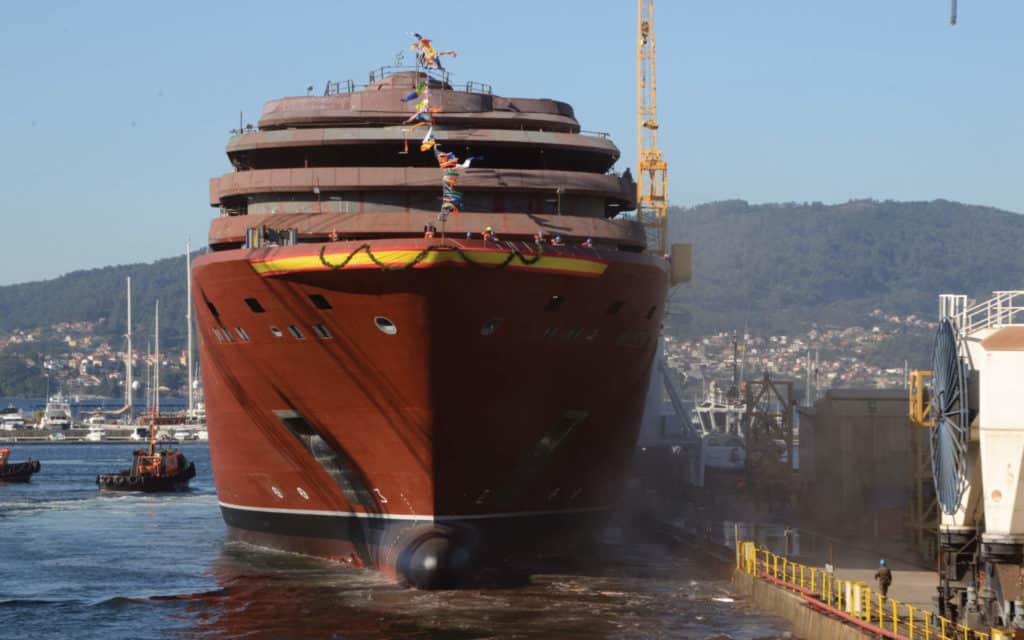 The Evrima float out at the Hijos de J. Barreras shipyard in Vigo, Spain.