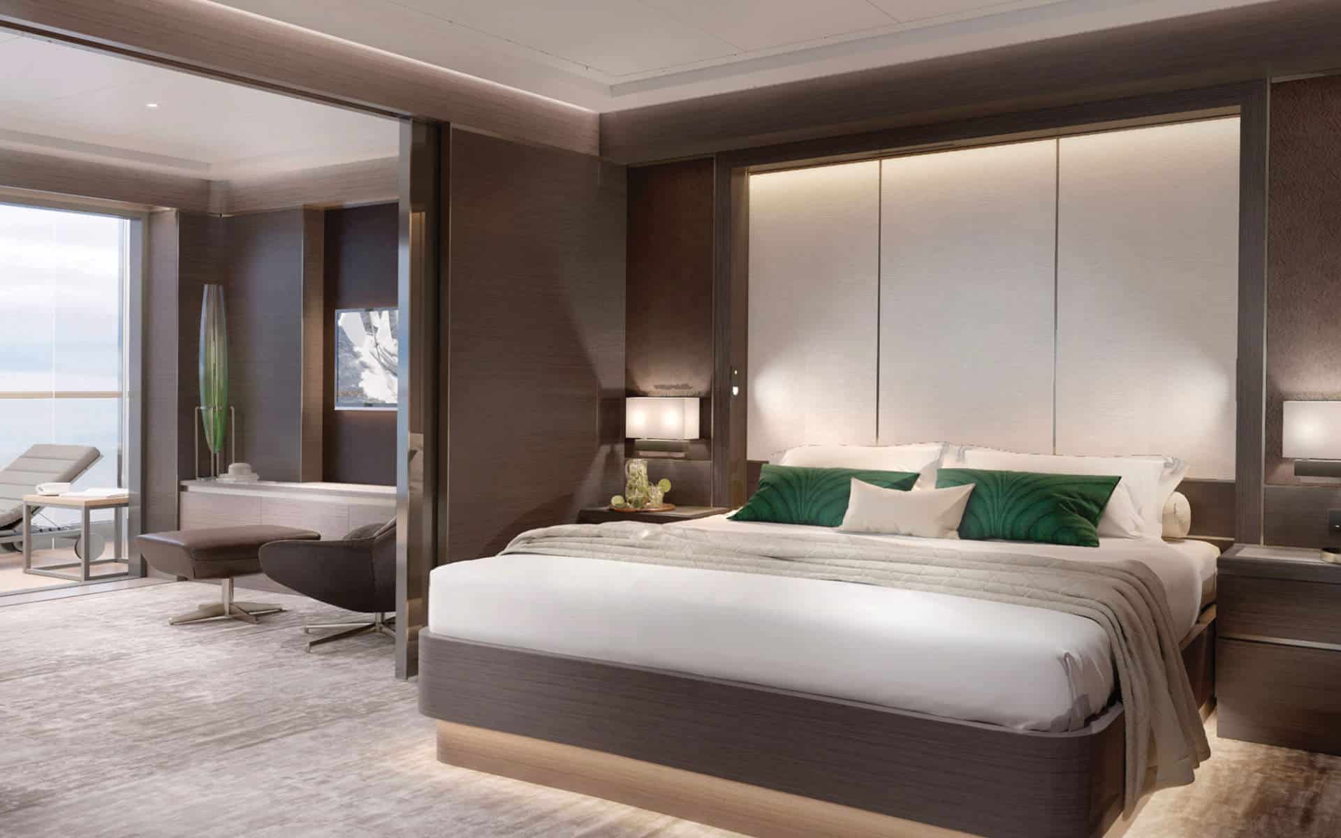 Grand Suite bedroom on The Ritz-Carlton Yacht Collection's Evrima.
