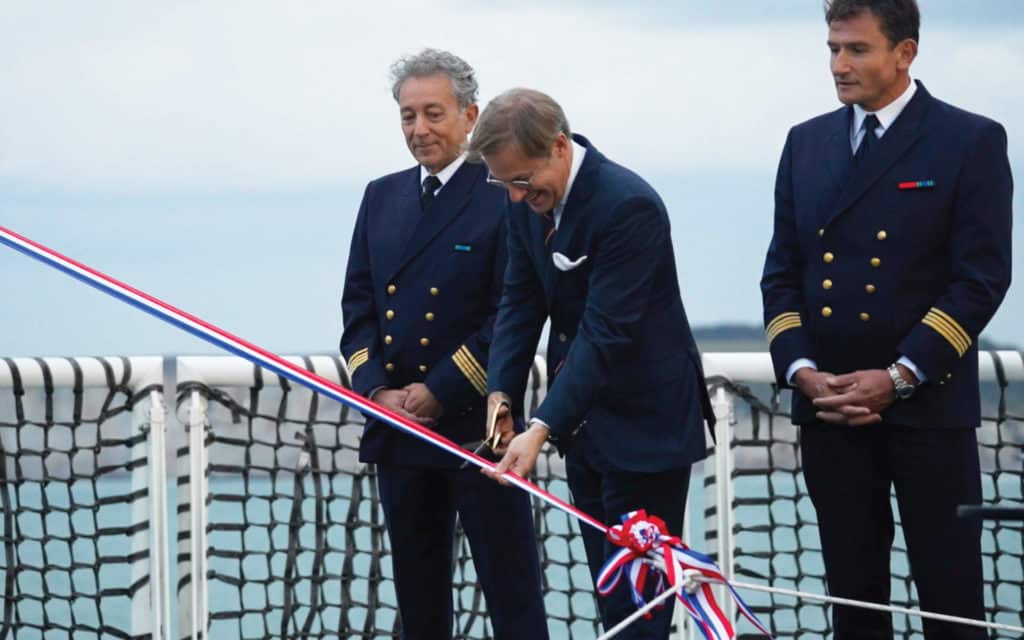 Hervé Gastinel, Ponant CEO, cuts the ribbon to launch Le Commandant Charcot.