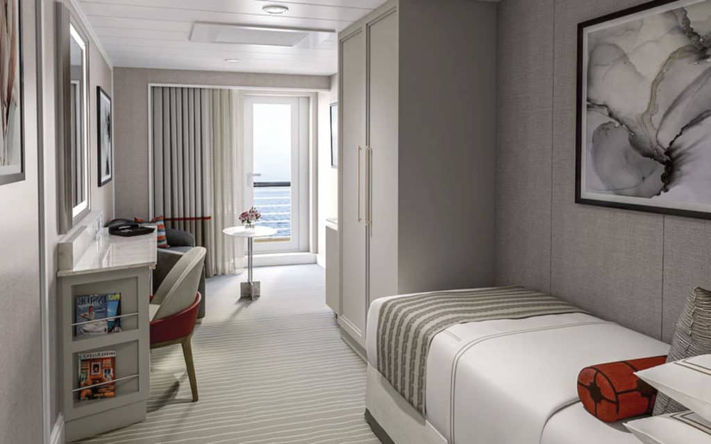 A rendering of a Solo Concierge Veranda Stateroom on Vista.