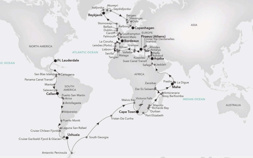 The itinerary for the Silversea World Cruise 2022.