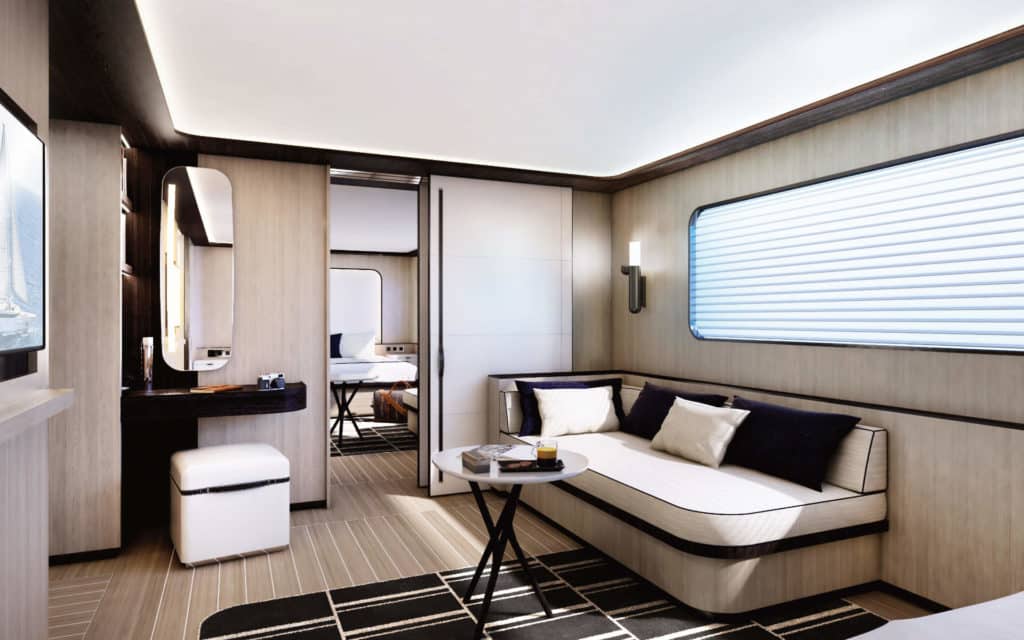 Rendering of an Alizes Prestige Stateroom on the refurbished Le Ponant.