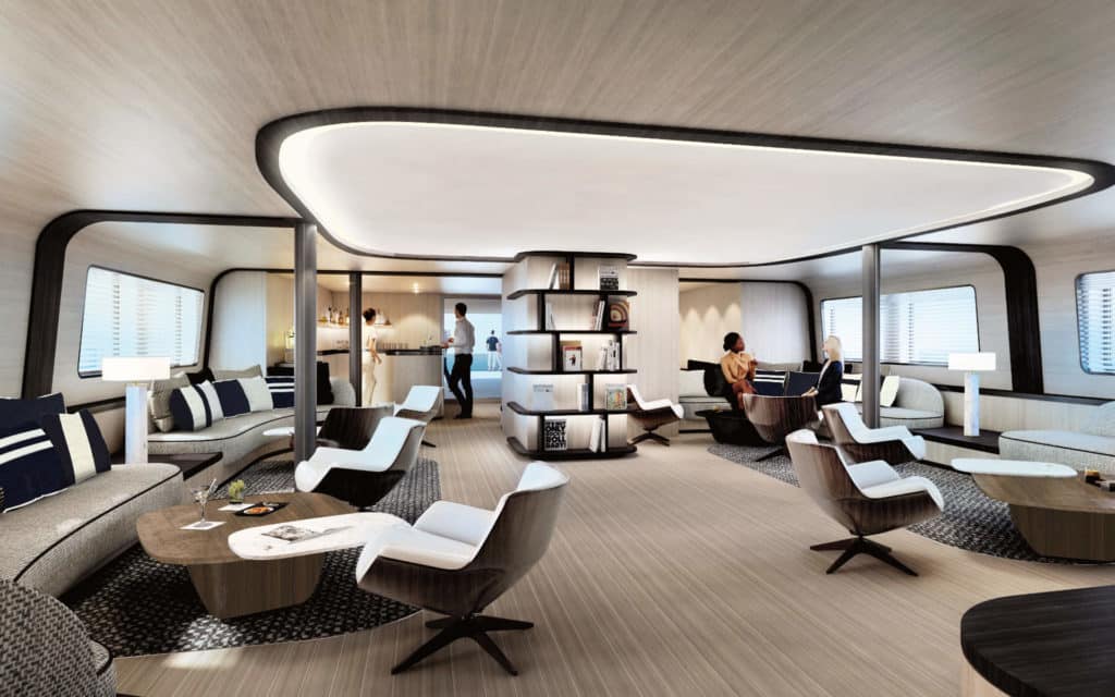 The main lounge on the refurbished Le Ponant (rendering).