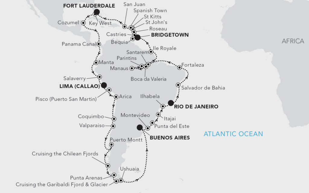 Map of South America showing the Silver Nova Grand Voyage 2024 itinerary.