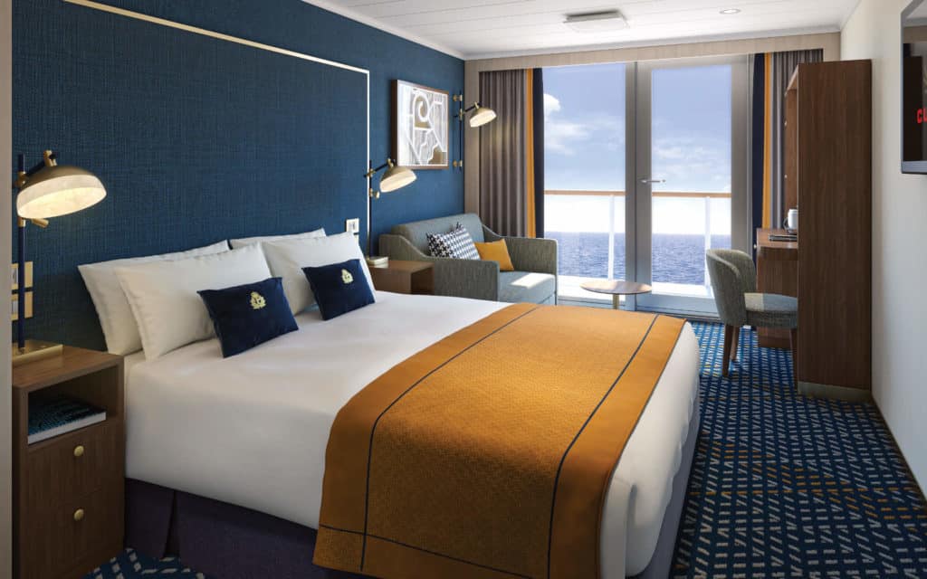 The new decor of a Britannia Balcony Stateroom on Queen Anne (rendering).