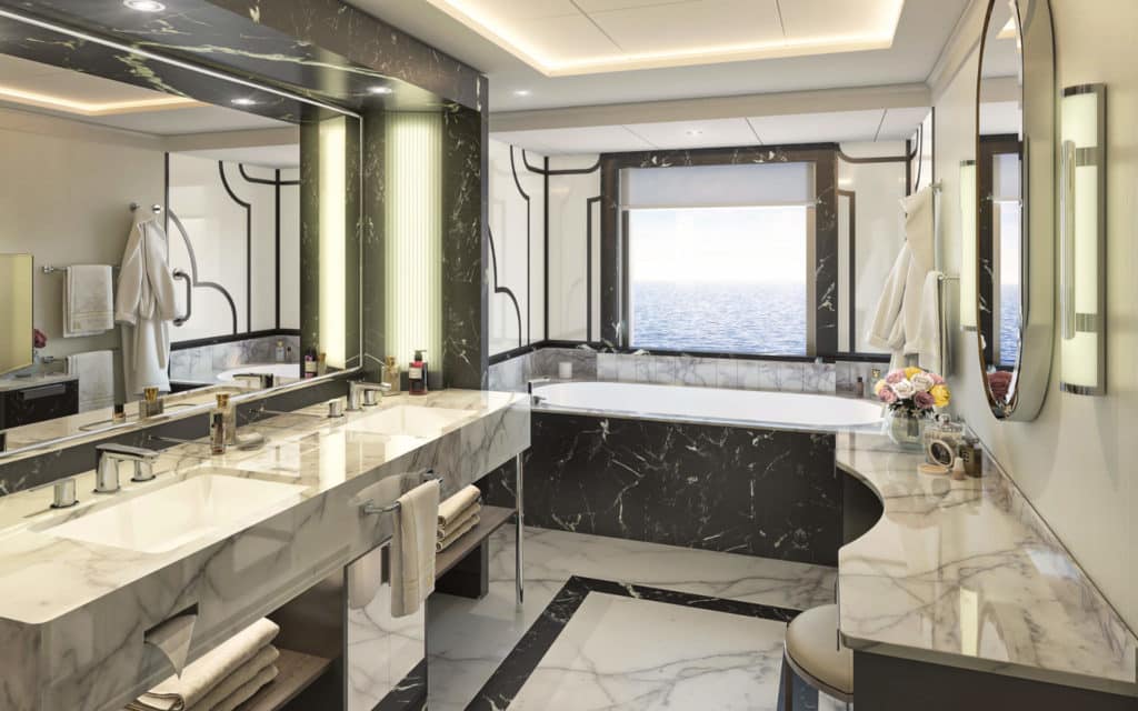 The marble bathroom of a Grand Suite on Queen Anne (rendering).