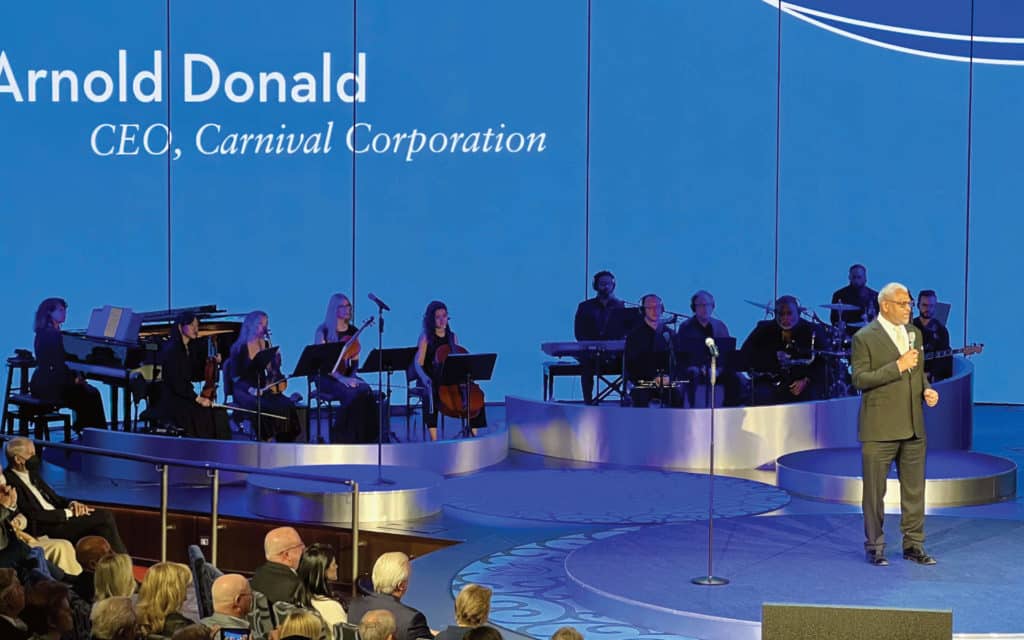 Arnold Donald, the president and CEO of parent company Carnival Corporation, warmly welcomed guests at the Rotterdam christening.