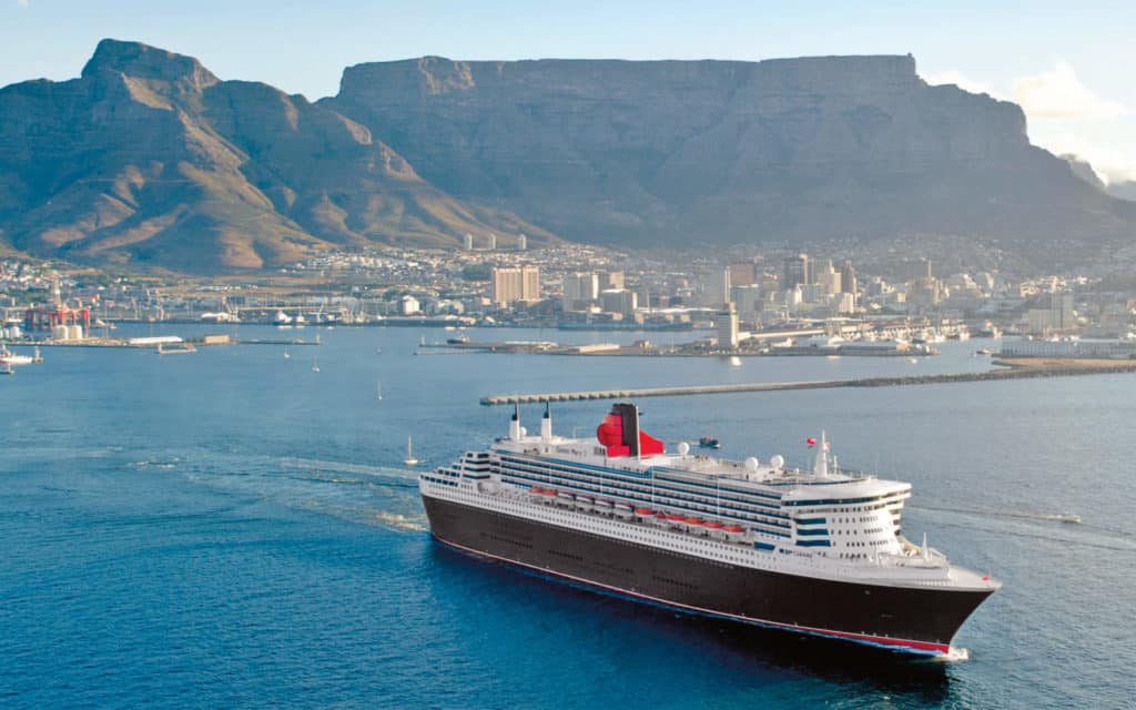 Queen Mary 2 sailing from Cape Town, South Africa.