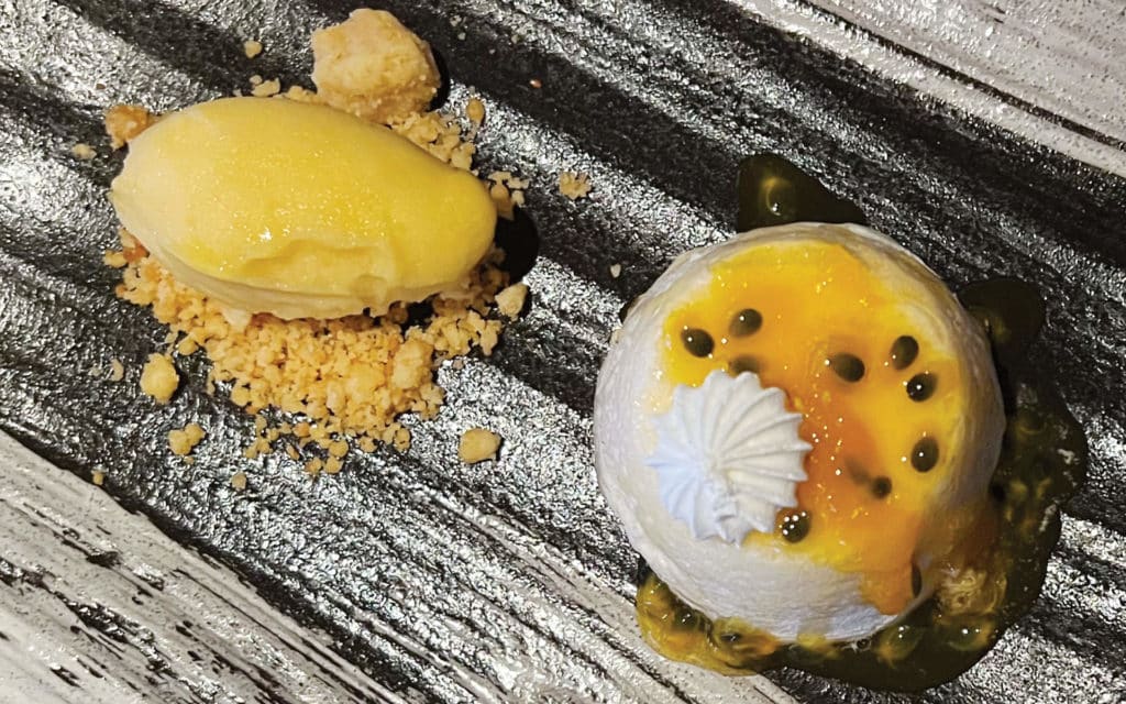 Passion Fruit Cloud; Light Egg White Soufflé with Passion Fruit Sorbet.