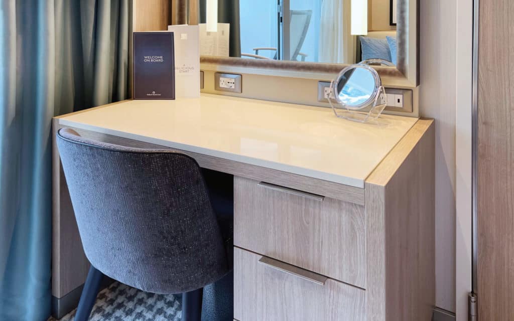 The writing desk in the Rotterdam Verandah Stateroom.