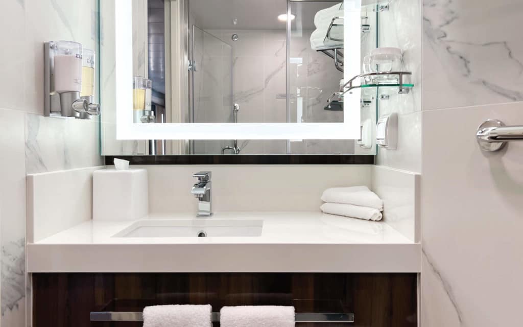 This picture shows the vanity in a Verandah Stateroom bathroom on Rotterdam.