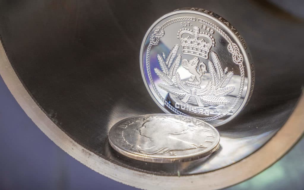 Coins embedded in the keel of Queen Anne during the keel laying ceremony.