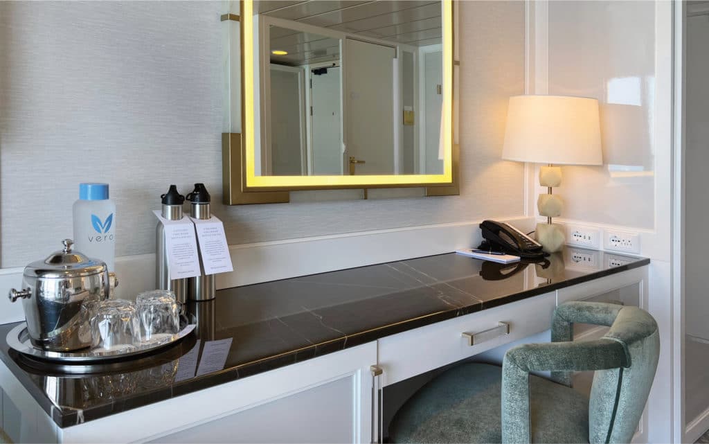 The writing desk in an Oceania Nautica Penthouse Suite.