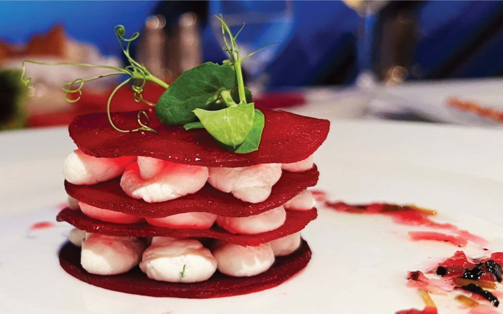 Roasted Beetroot & Garlic Goats Cheese Napoleon as served in the Polo Grill on Nautica.