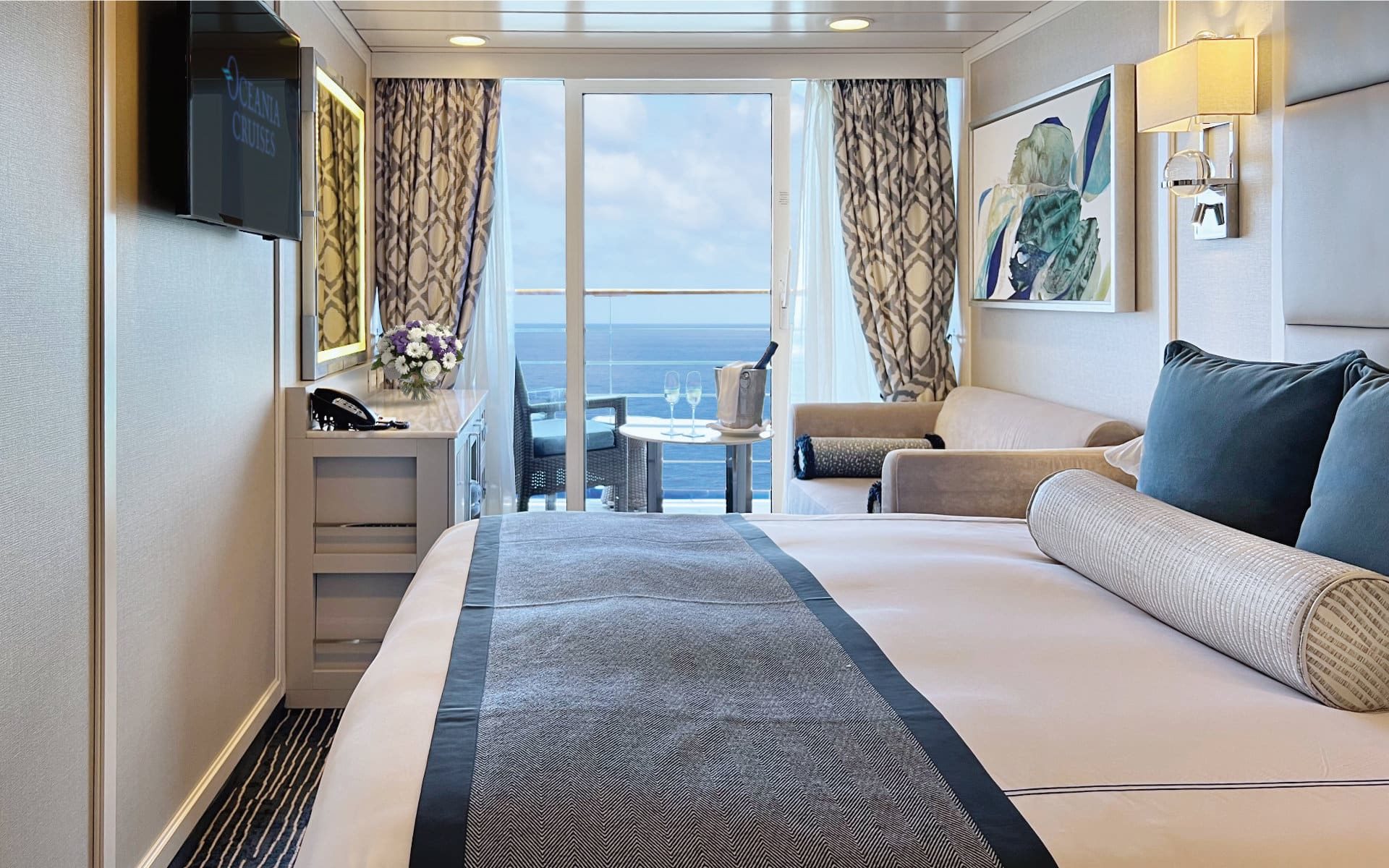 A Oceania Nautica Veranda/Concierge Stateroom.