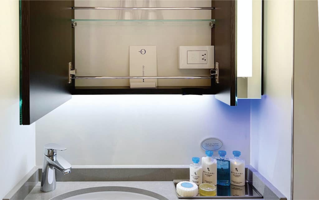 Storage space in the Veranda Stateroom bathroom.