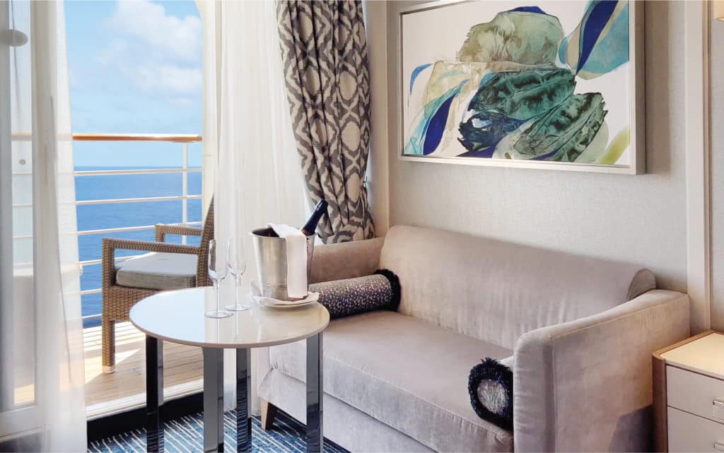 The sofa in the Oceania Nautica Veranda/Concierge Stateroom.