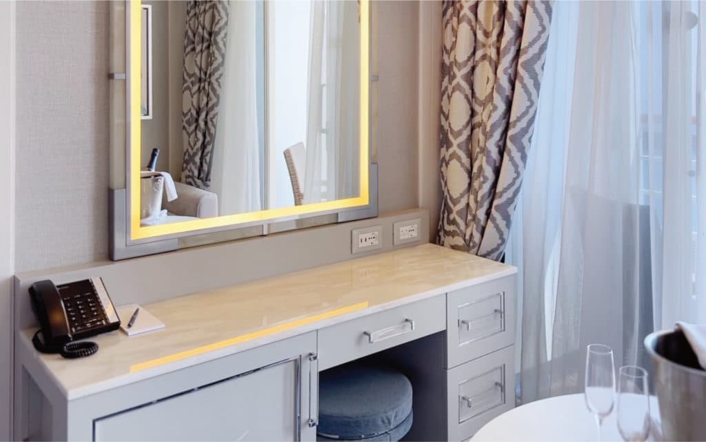 A writing desk in a Nautica Veranda Stateroom.