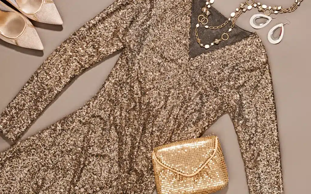 A stylish set of fashion clothes including a gold sequins dress, matching shiny clutch, necklaces, earrings, and luxury shoes heels.