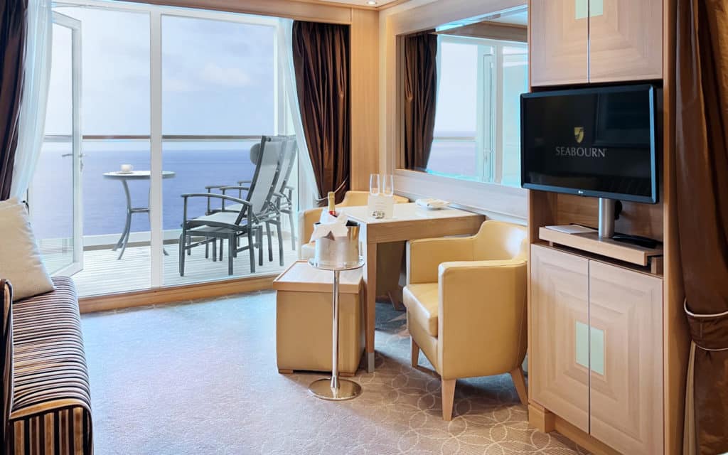 A spacious Veranda Suite on Seabourn Quest.