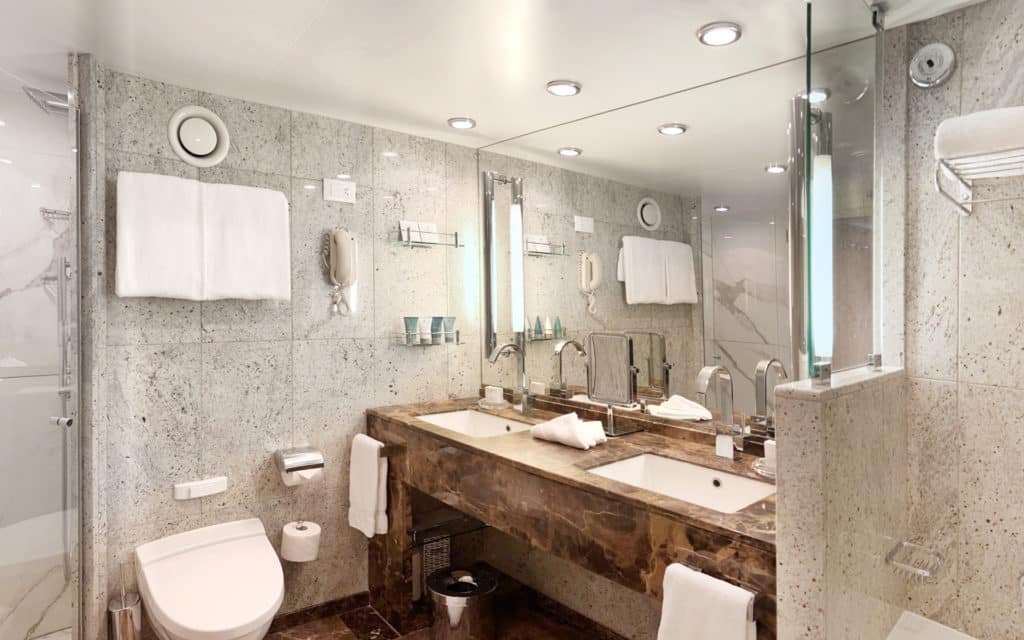 The bathroom in a Seabourn Quest Veranda Suite.