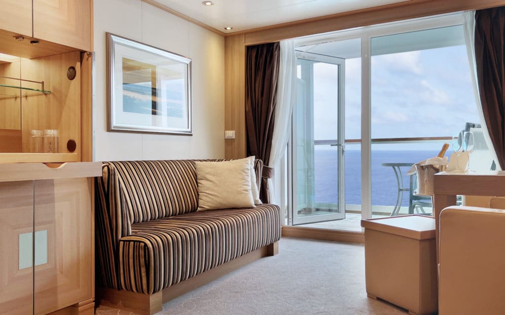 The sitting area in a Seabourn Quest Veranda Suite.