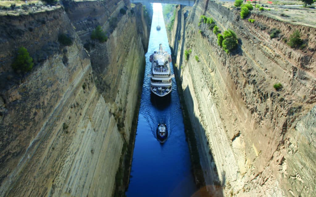 A Sea Dream yacht transiting the Corinth Canal, Greece.