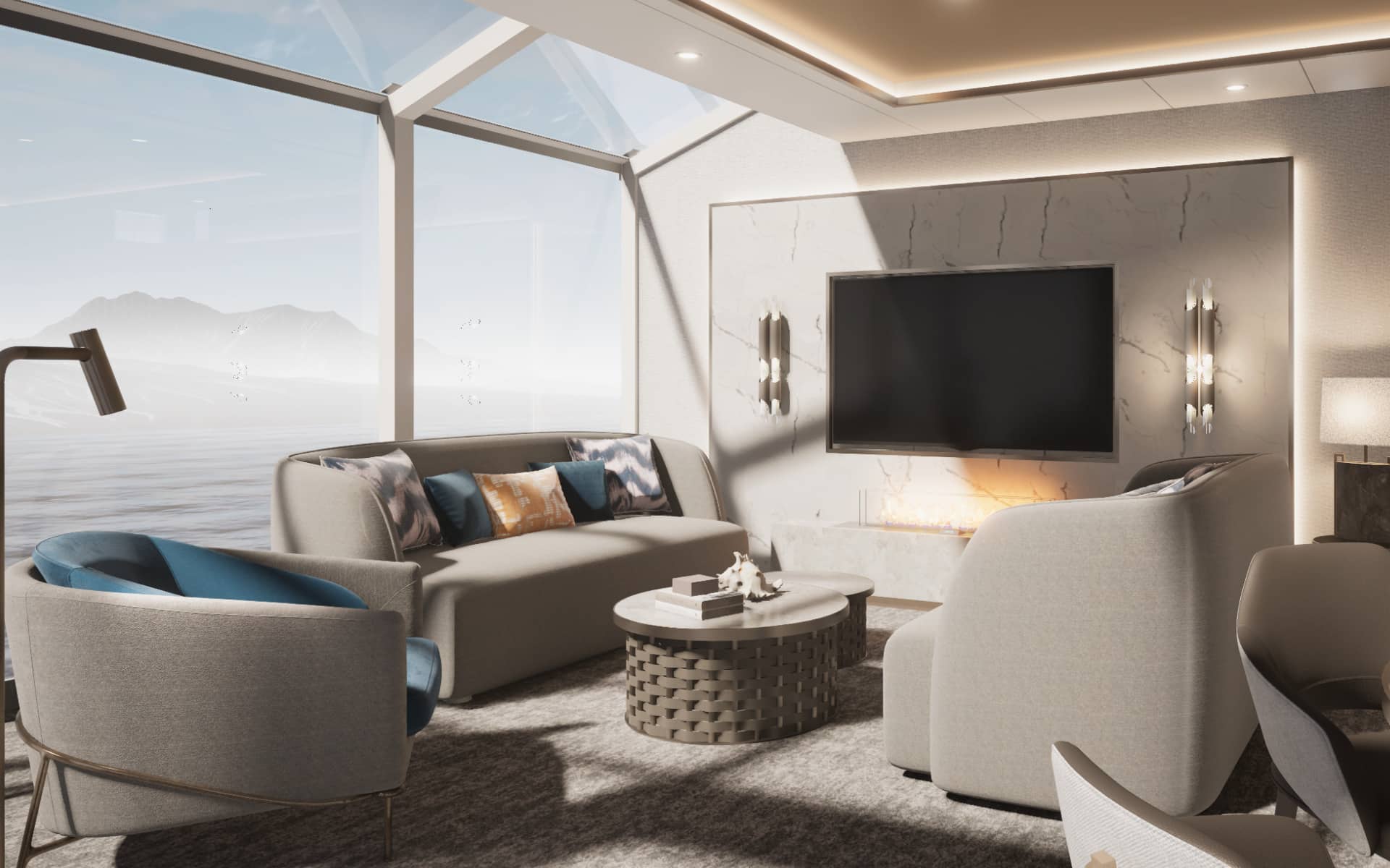 The living area in the new Master Suite on Silver Endeavour (rendering).