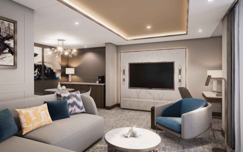 Living space in a Signature Suite on Silver Endeavour (rendering).`