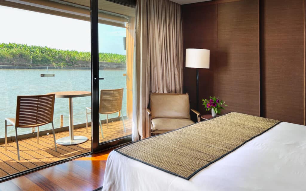 A Balcony Suite on the Aqua Mekong river cruise ship.