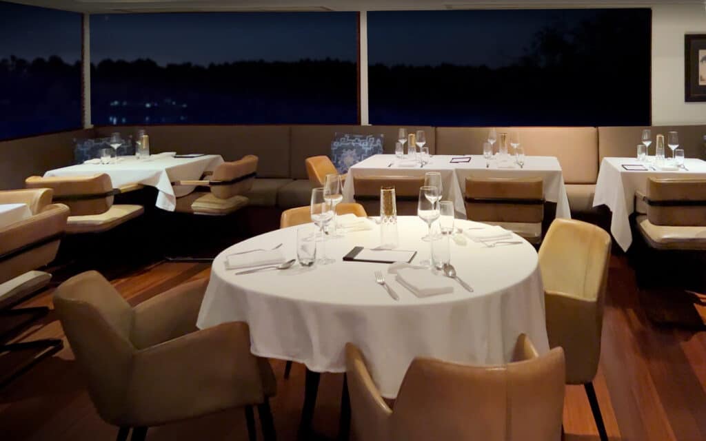 The Dining Room on the Aqua Mekong river cruise ship.