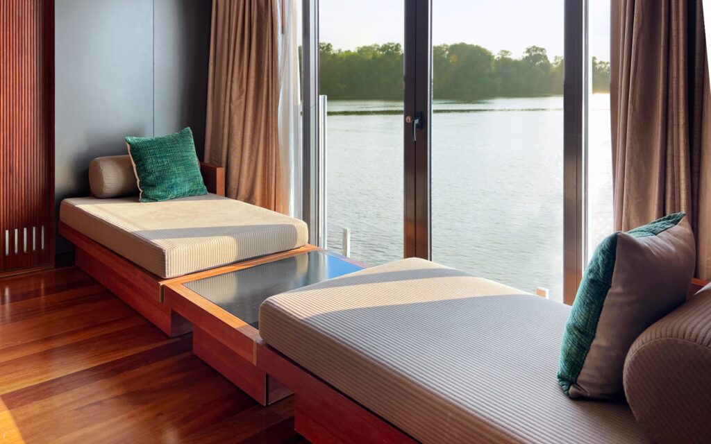A Non-balcony Suites on the Aqua Mekong river cruise ship.