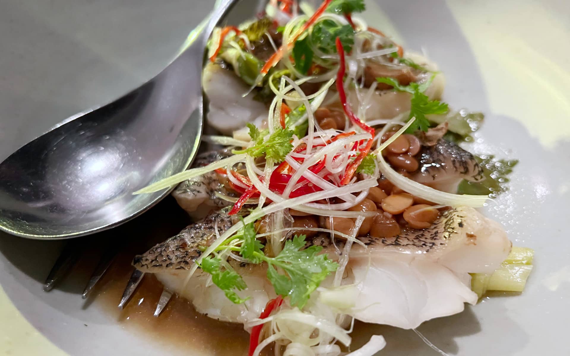 Steamed Coral Grouper with Yellow Beans & Ginger.