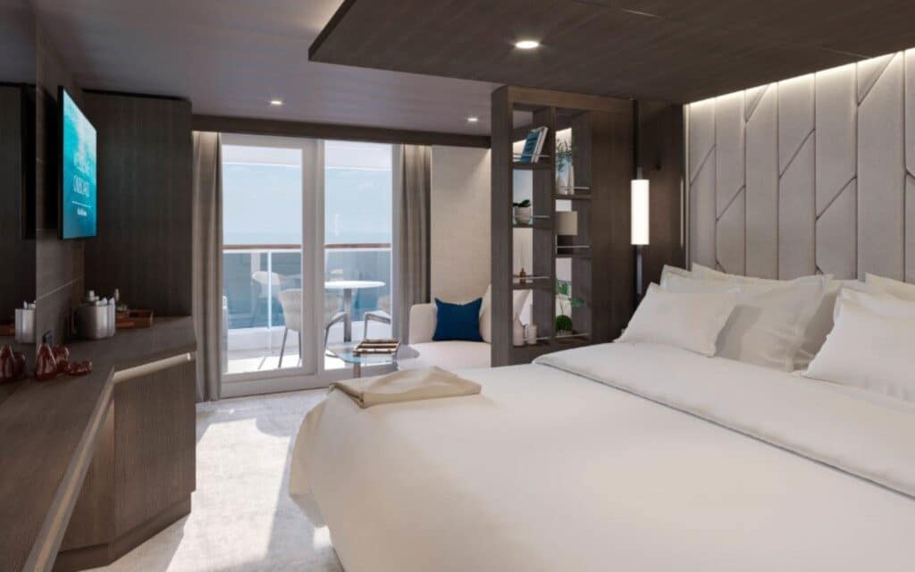 An Ocean Terrace Suite on Explora 1 (rendering).