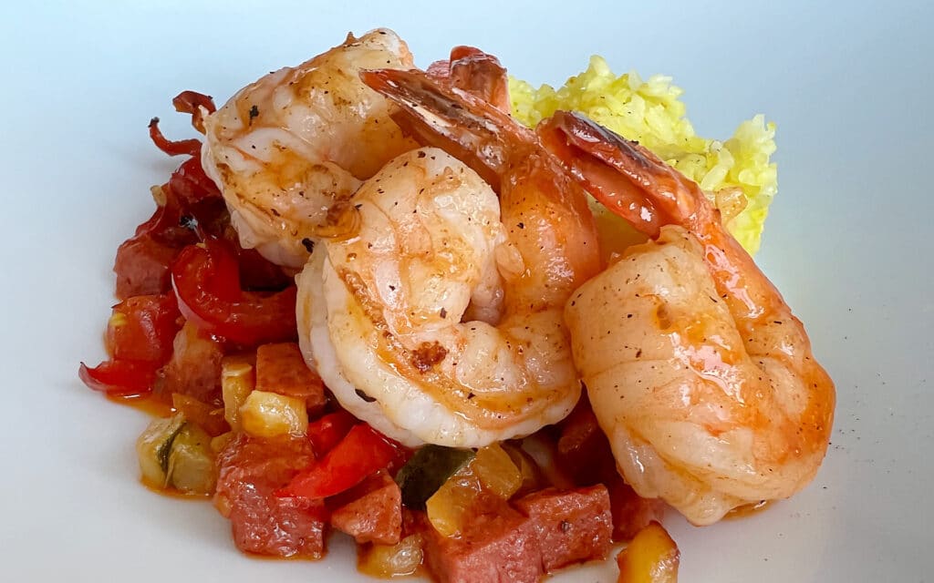 Spicy Seared Chipotle Shrimp with Zucchini, Bell Peppers, Chorizo & Saffron Rice.