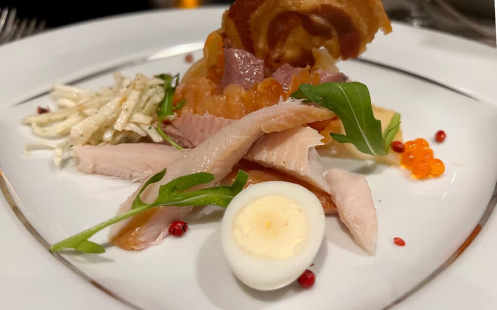 The Smoked Fish Platter with Beetroot & Apple Relish, Quail Egg, Celeriac Remoulade & Salmon Roe.