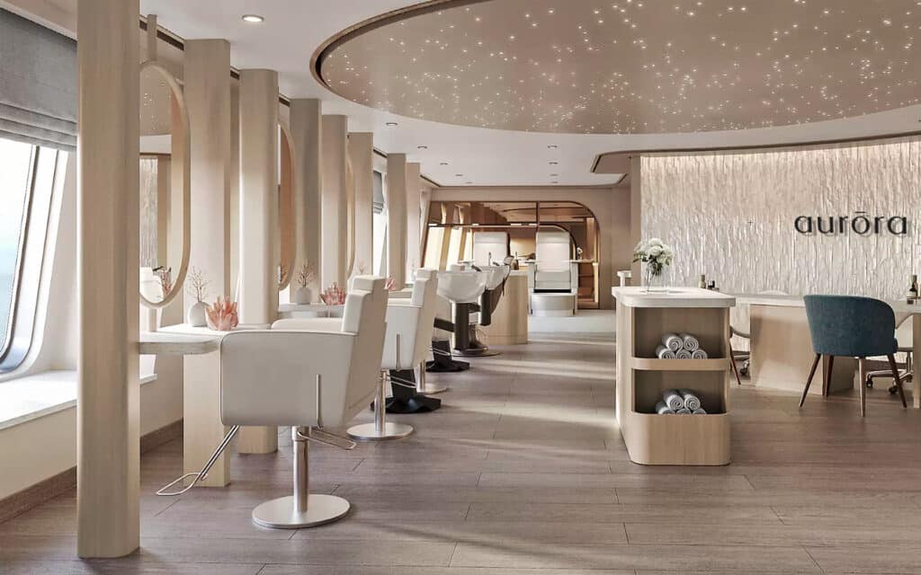 The salon in the Aurōra Spa on Crystal Serenity (rendering).
