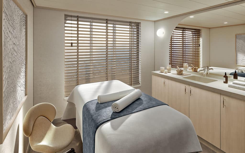 A tretatment room in the Aurōra Spa for Crystal Cruises (rendering).